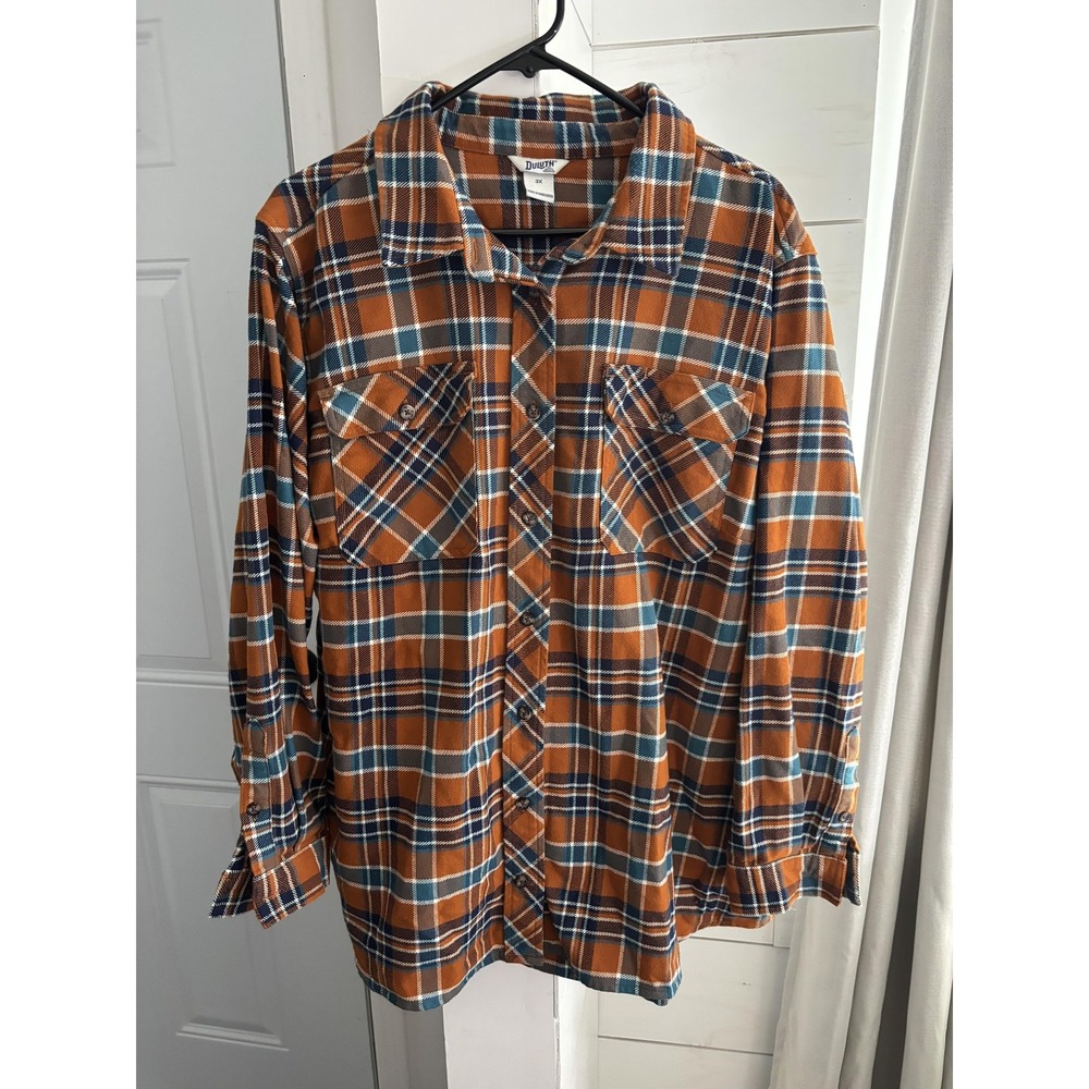 Duluth Trading Co Shirt Mens 3XL Orange Plaid Flannel Button Front Long Sleeve